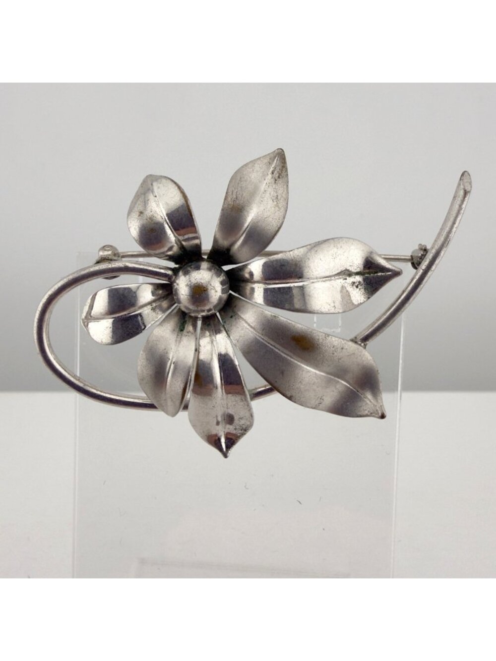 Vintage Brooch Silver Tone Flower Pin Metal Modernist Long Stem 2.5"